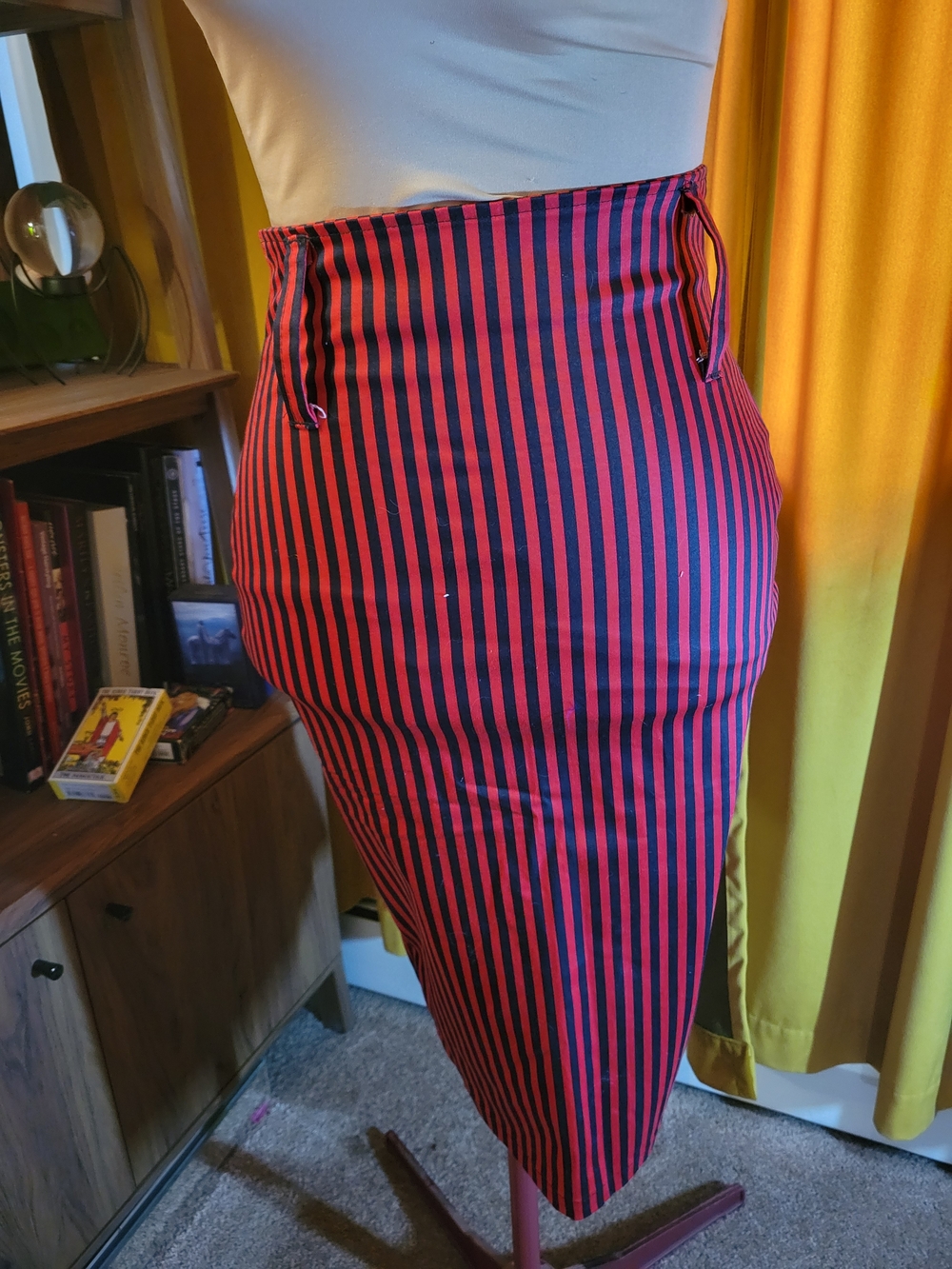 High-Waist Red and Black Striped Pencil Skirt